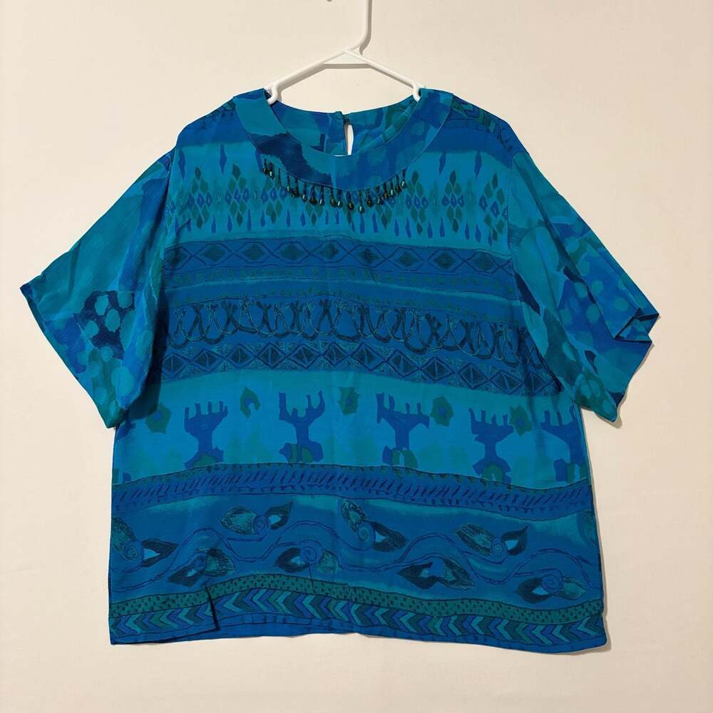 Vintage Carole‎ Little Tribal Print Short Sleeve Tunic with Bead Detail Size 12